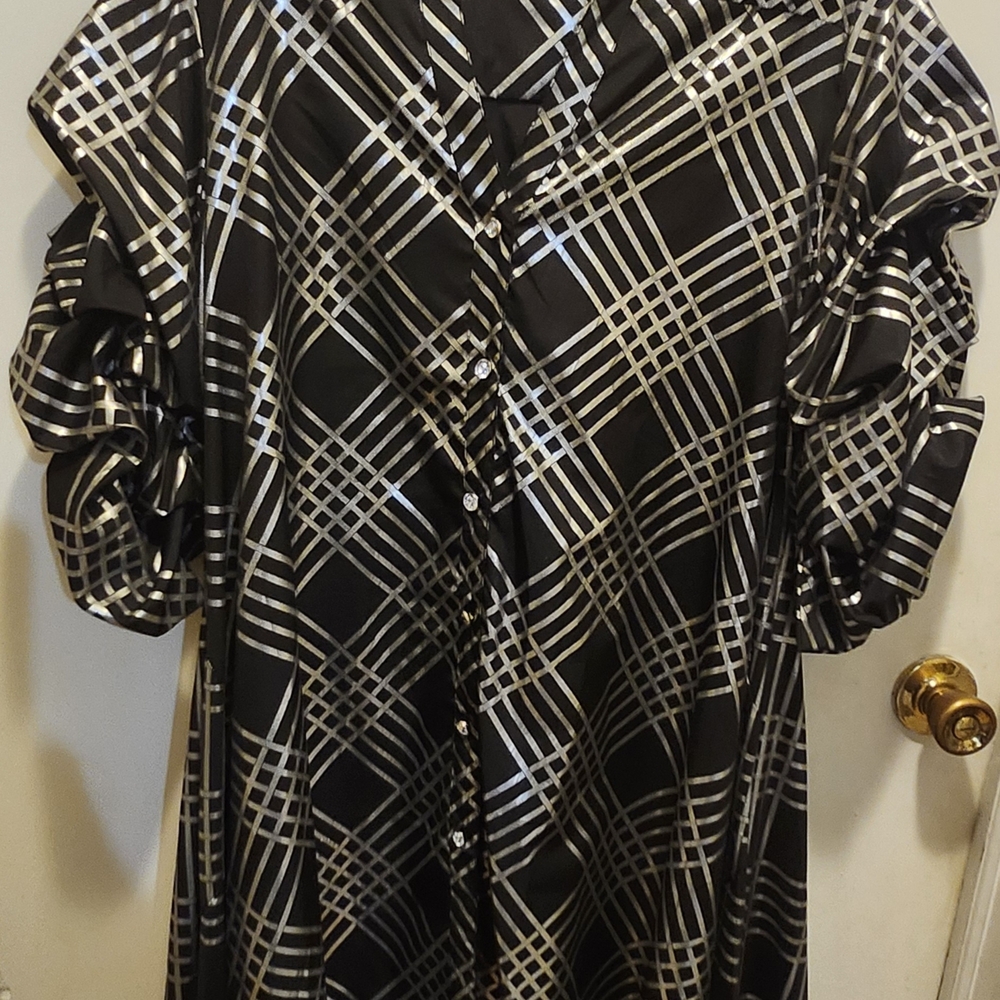 Black and Silver Plaid Button-Up Dress